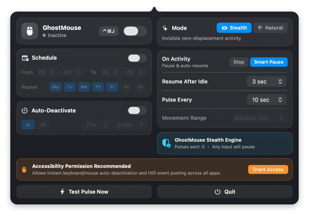 GhostMouse macOS Menu Bar Panel